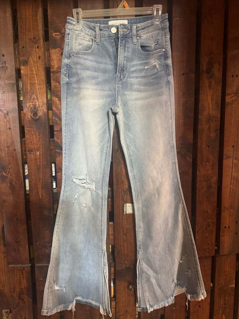 Risen Jeans High Rise Distressed Flare Leg Jeans with Raw Hem